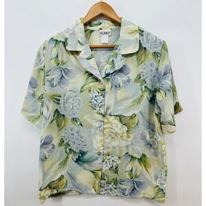 VTG Koret Hawaiian Polyester Blouse Floral Pastel SZ 10 VNeck Button Front T1003